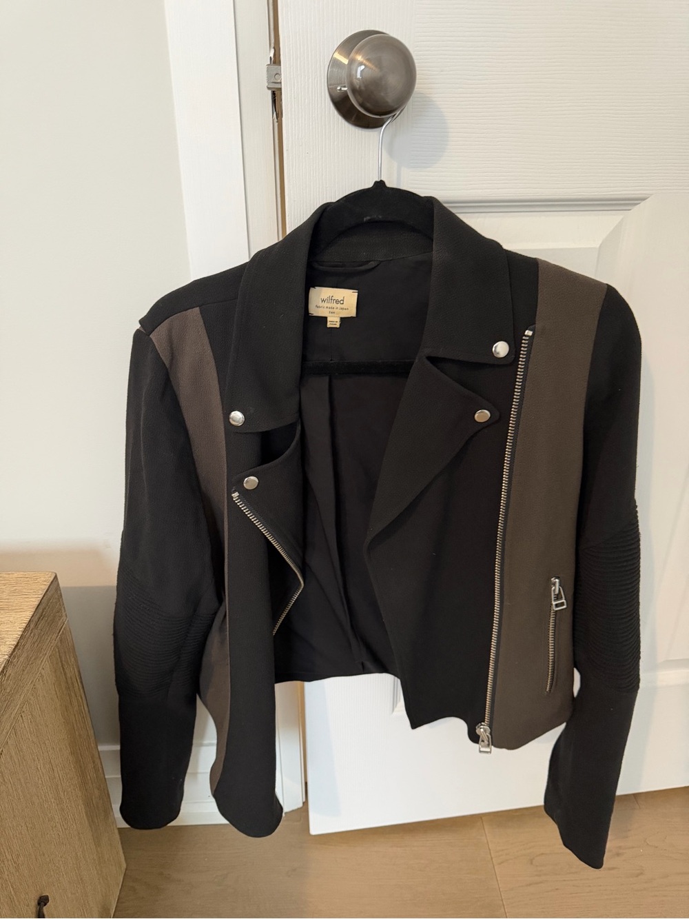 Wilfred Two-Tone Moto Jacket in Black and Olive - Picture 3 of 5